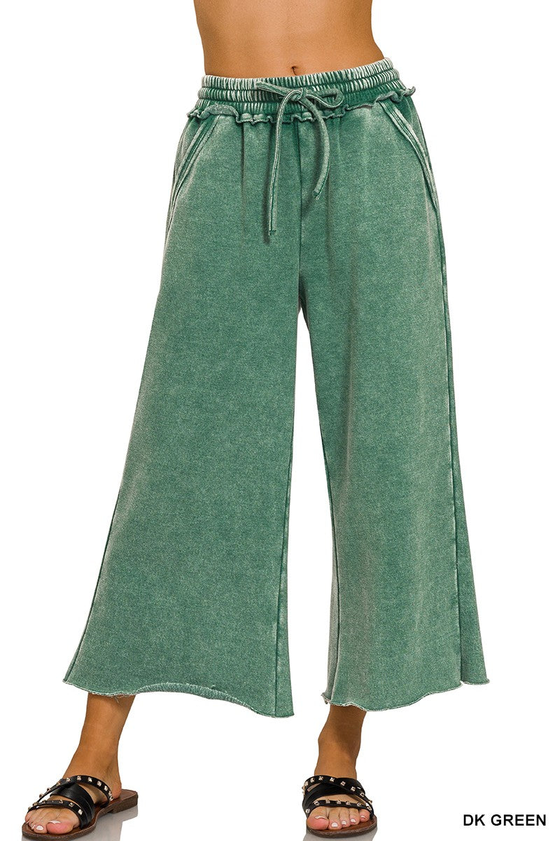 Acid Wash Fleece Palazzo Sweatpants - Dark Green