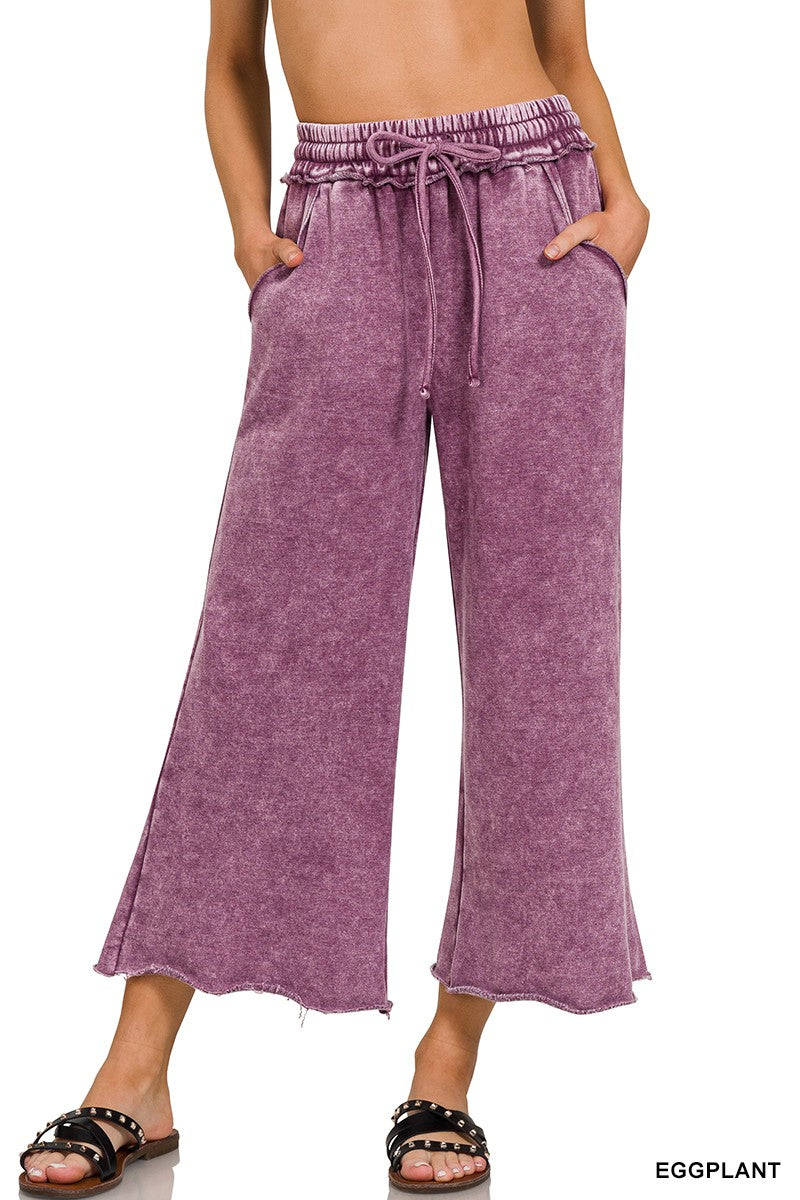 Acid Wash Fleece Palazzo Sweatpants - Eggplant
