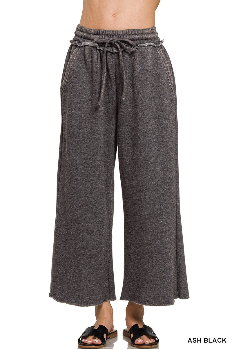 Acid Wash Fleece Palazzo Sweatpants - Ash Black
