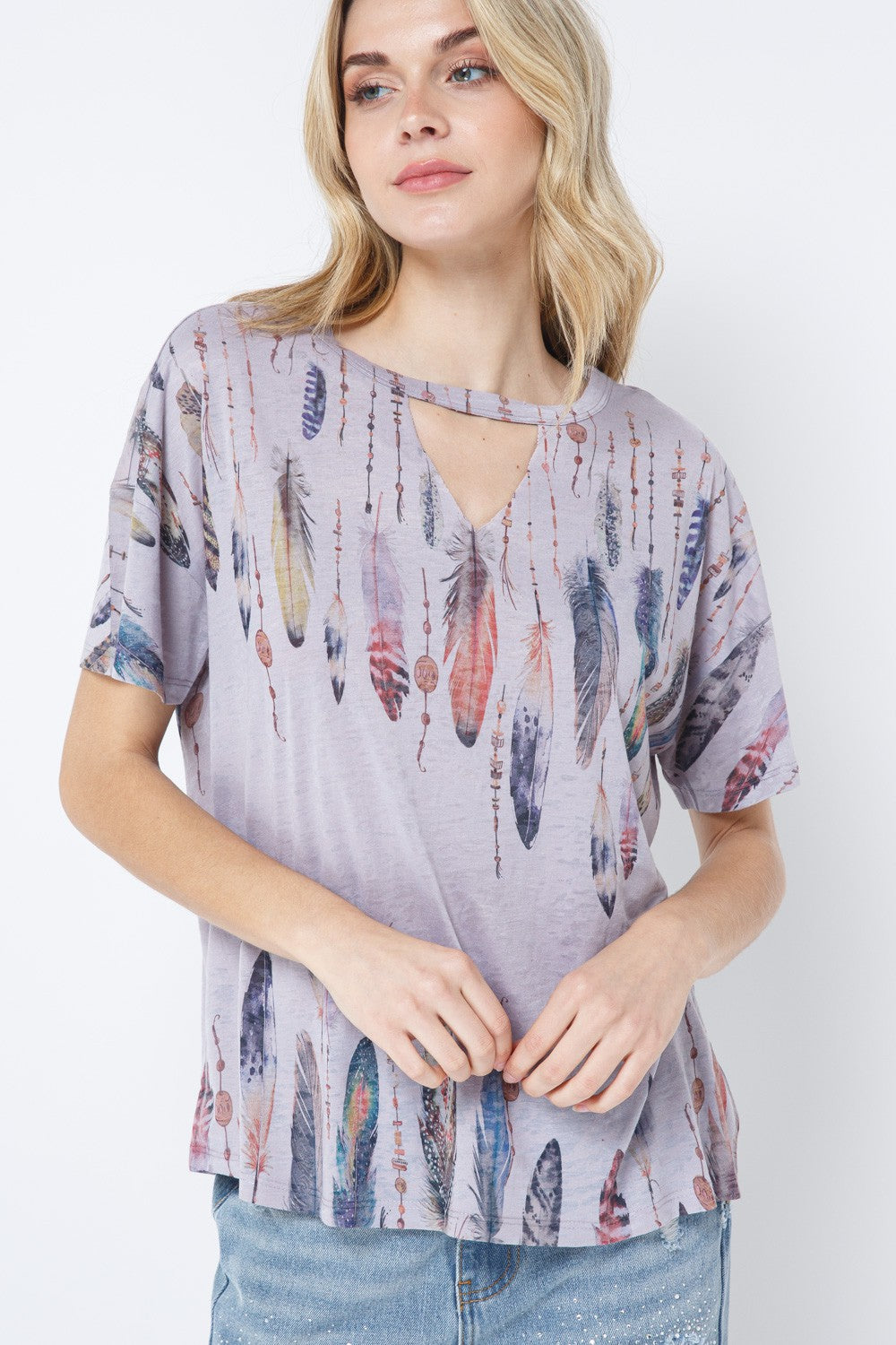 Cutout Feather Short Sleeve Top