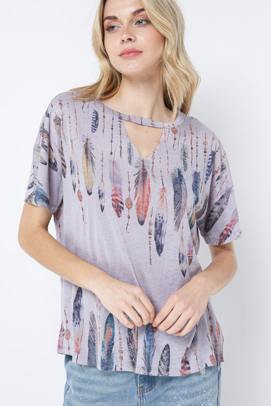 Cutout Feather Short Sleeve Top