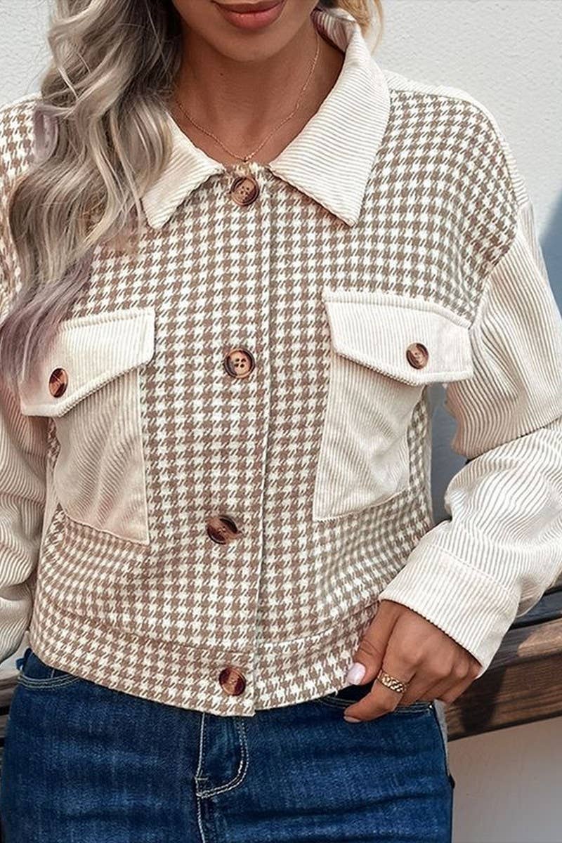 CHECK CORDUROY BUTTON SHORT JACKET: KHAKI