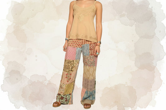 Cotton patchwork pants with smocked waist
