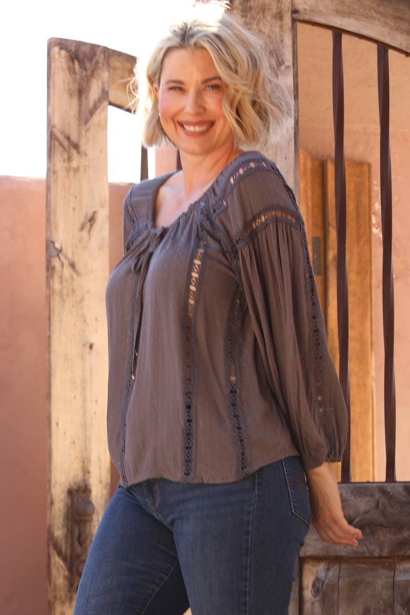 Gray Lace Trim Textured Long Sleeve Blouse