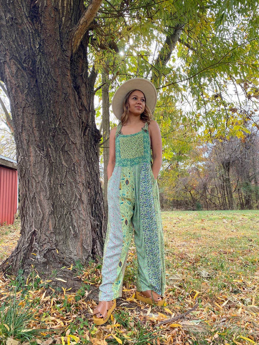 Patchwork Panel Overalls - Lavender, rayon
