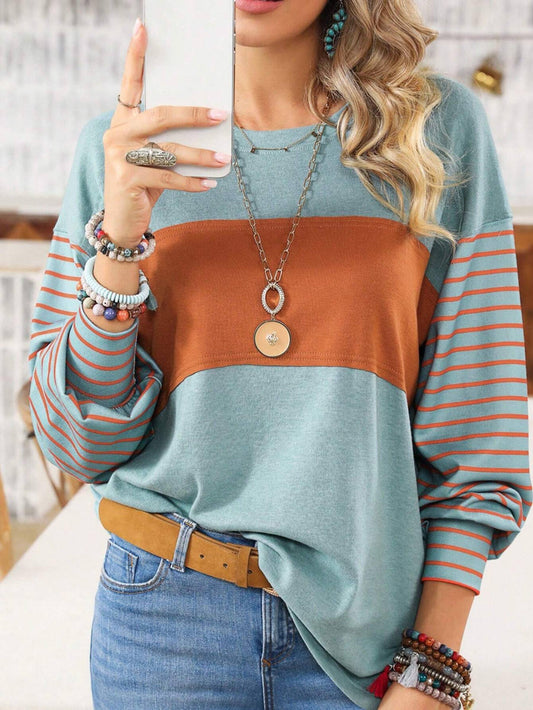 Round Neck Casual Striped Contrast Long Sleeved Sweatshirt - Teal/Orange