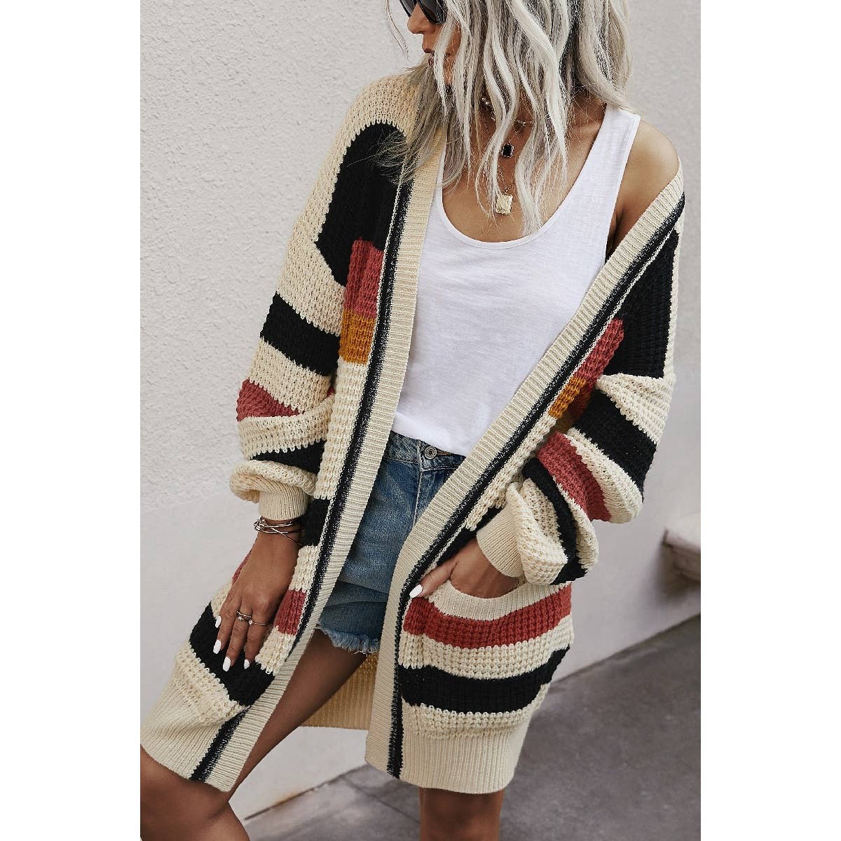 Knit Striped Color Block Long Sleeve Cardigan
