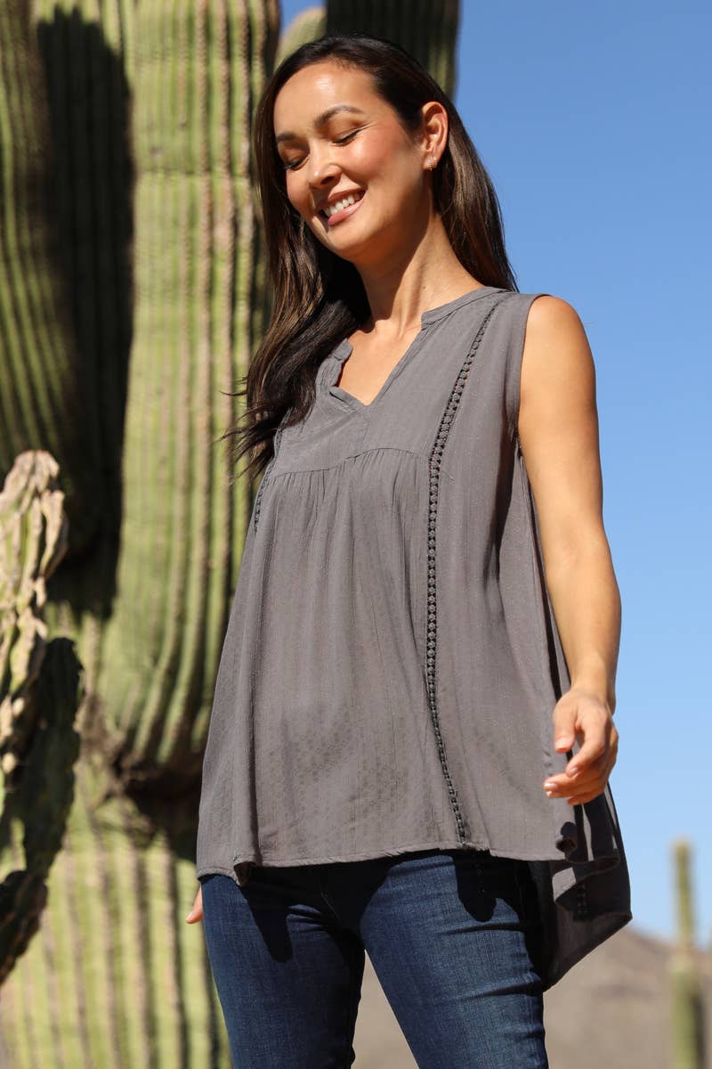 TEXTURED V NECK LADDER LACE TRIM HI LO TANK TOP: Gray
