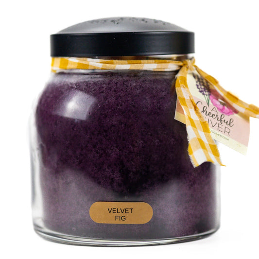 Velvet Fig 34 oz purple jar candle with a black lid and yellow gingham ribbon