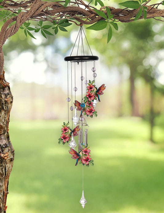Hummingbird wind chime, 27 inches, with four aluminum tubes and acrylic prism danglers