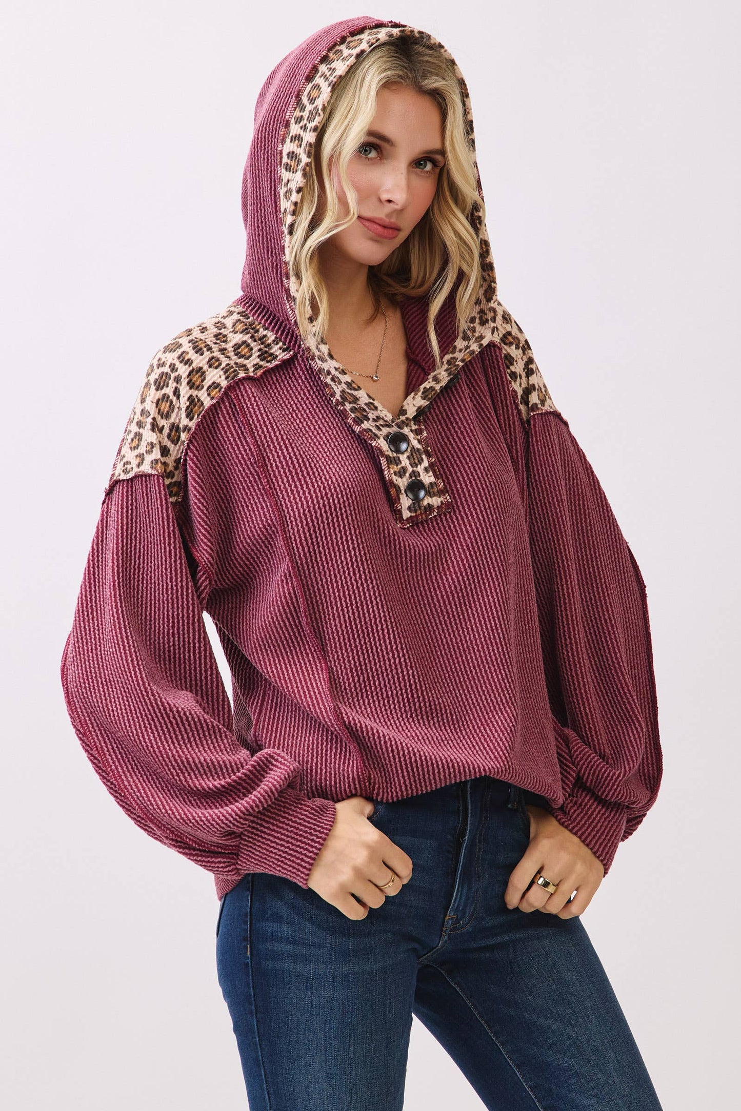 Leopard Contrast Button Front Hooded Sweatshirt ~ Burgundy