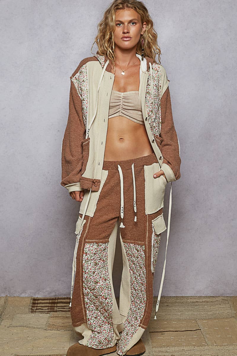 Balloon sleeve quilted detail floral knit hoodie jacket: OAT CHOCO