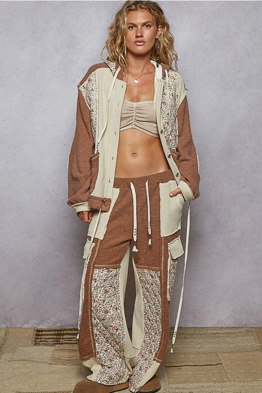 Thermal quilted detail floral knit pants: OAT CHOCO