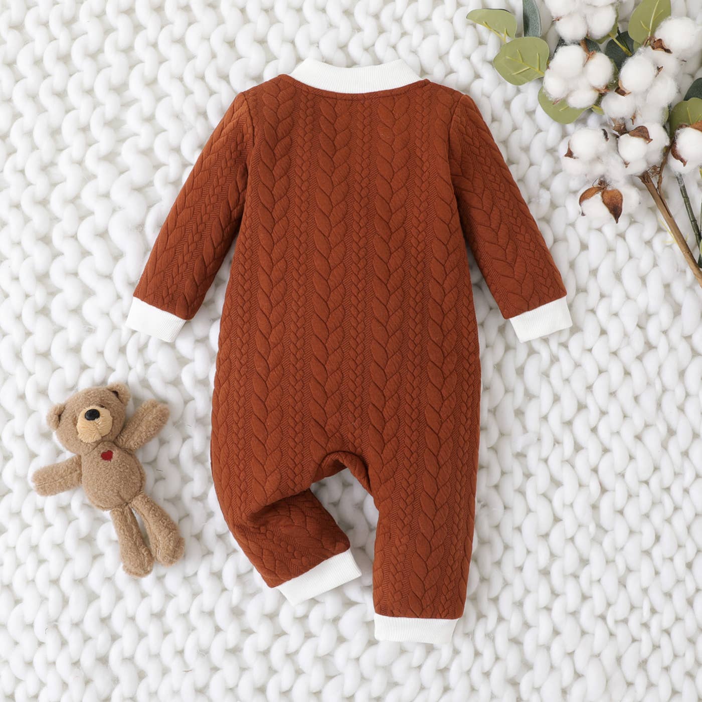 Baby Bear Knit Jumpsuit Onesie: Brown / 9-12M