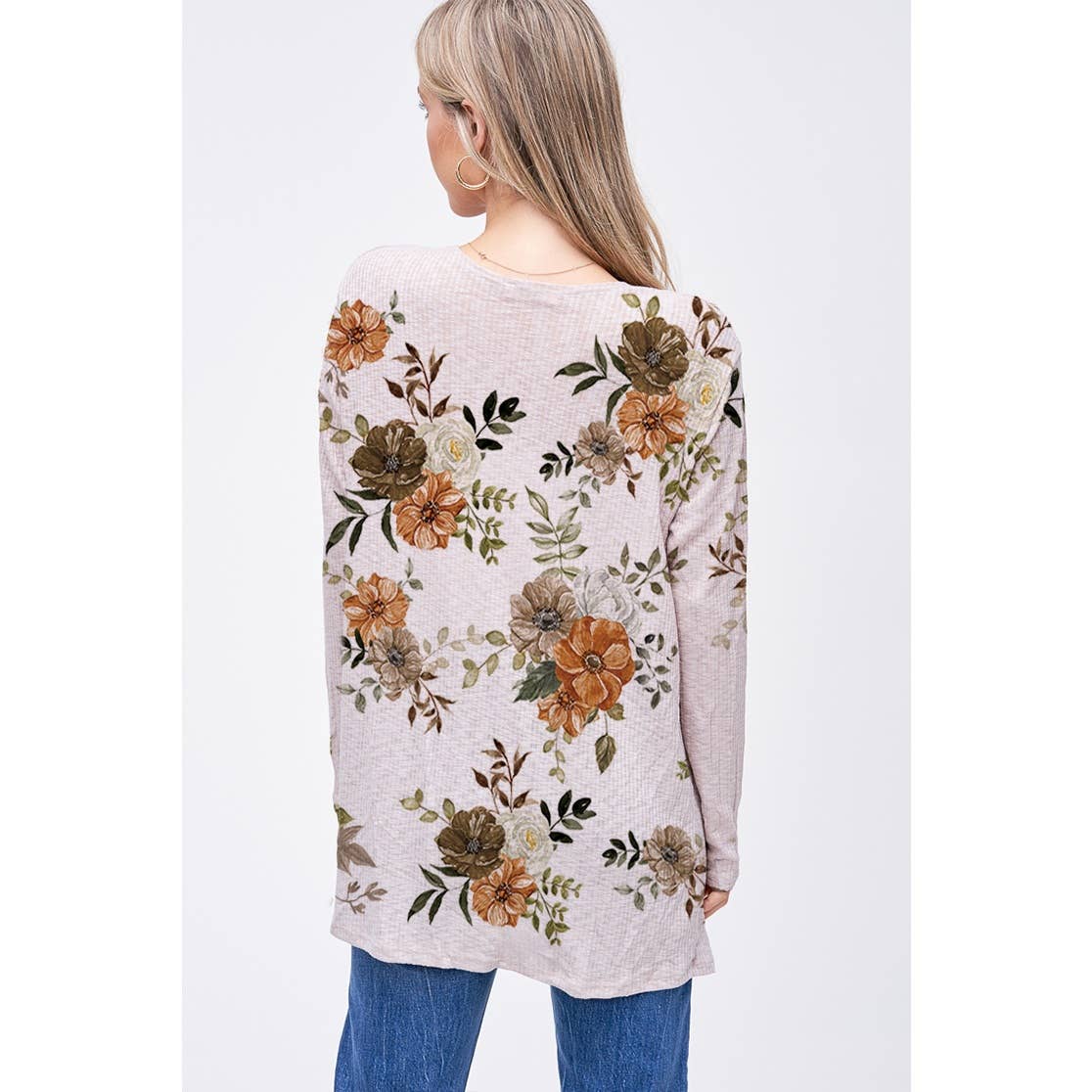 Fall Floral print rib long sleeve cardigan : GREY