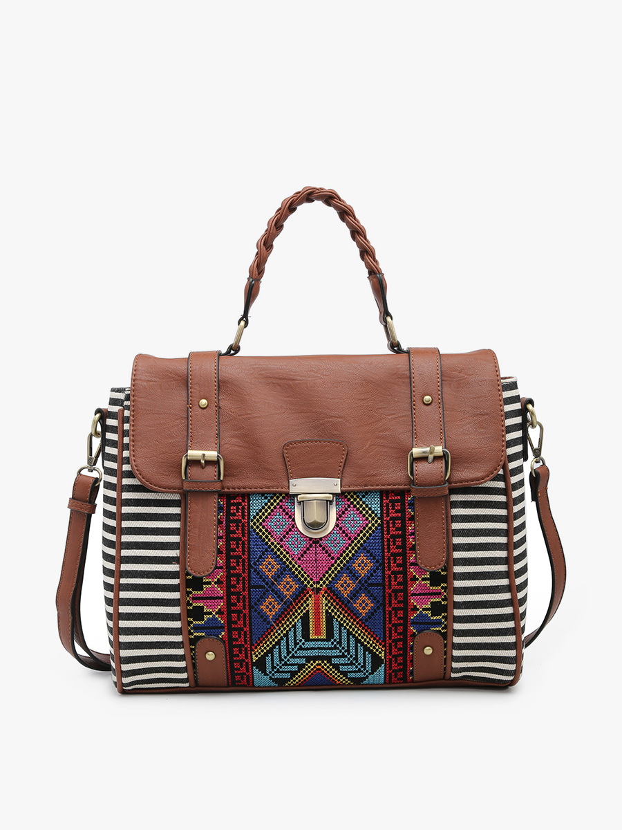 Harlow Aztec Embroidered Satchel: Black