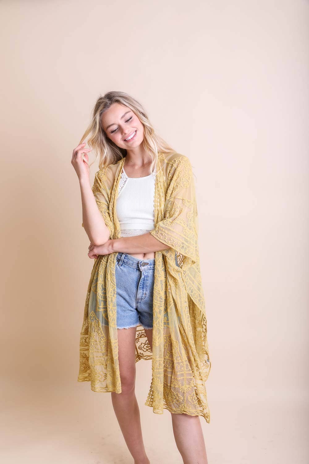 Lightweight Layering Mandala Kimono Cover-Up: Mustard