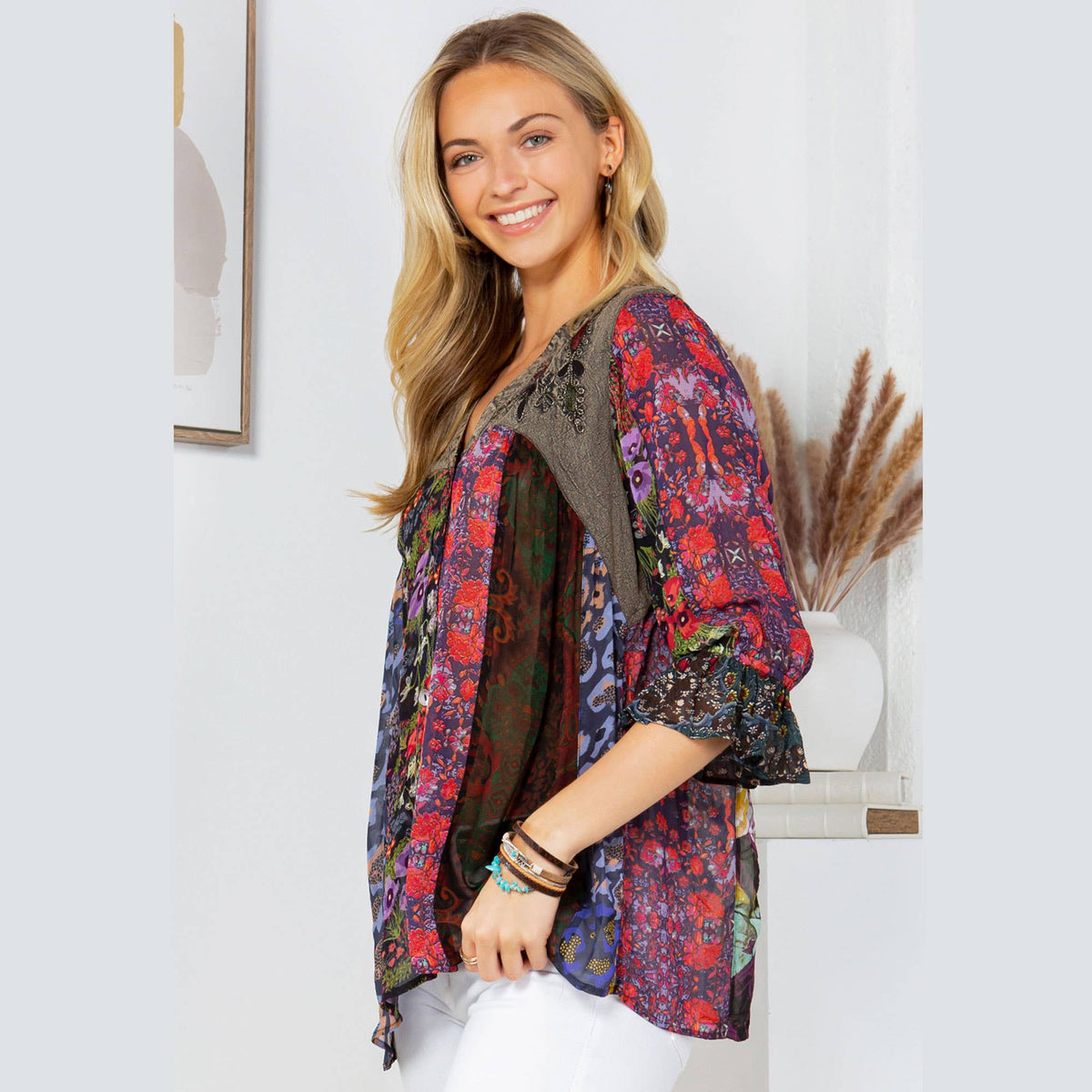 Boho Delight: Overdyed Rayon V-Neck Top: Gravel