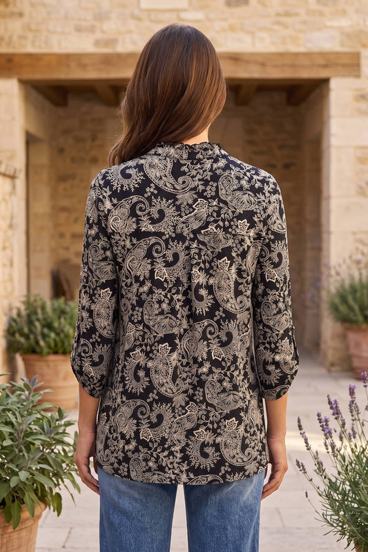 Ruffled Collar Lizzy 3/4 Sleeve Lightweight Blouse: BLACK