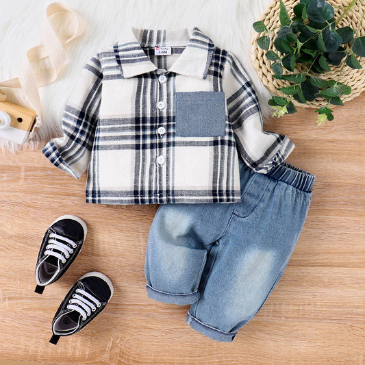 2pcs Baby Boy Patch Pocket Long-sleeve Plaid Shirt and Jeans: Blue / 9-12M