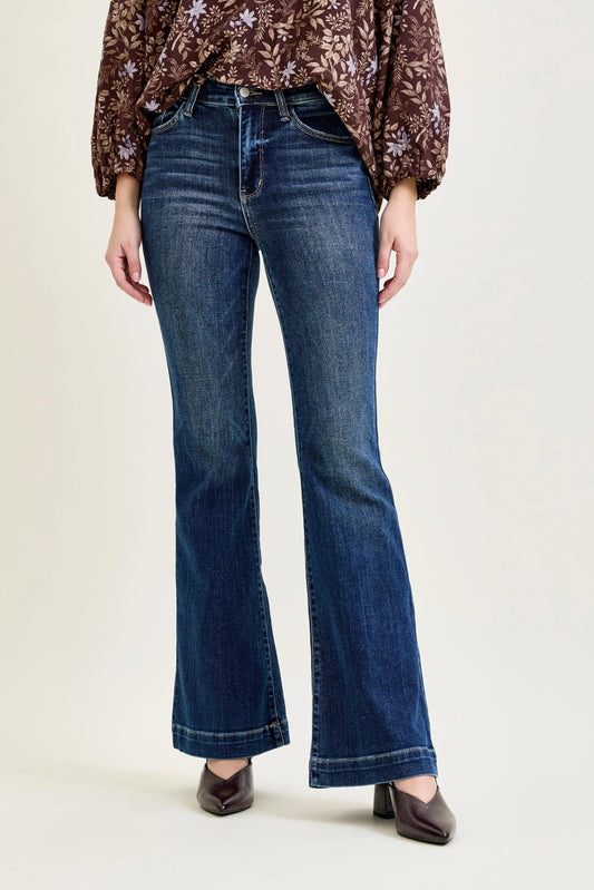 Front view of dark wash Judy Blue trouser flare jeans