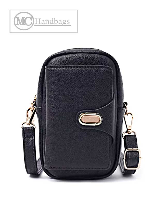 Tera black pebbled vegan leather compact crossbody bag