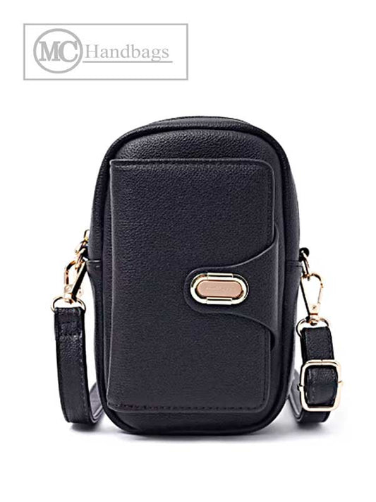 Tera black pebbled vegan leather compact crossbody bag