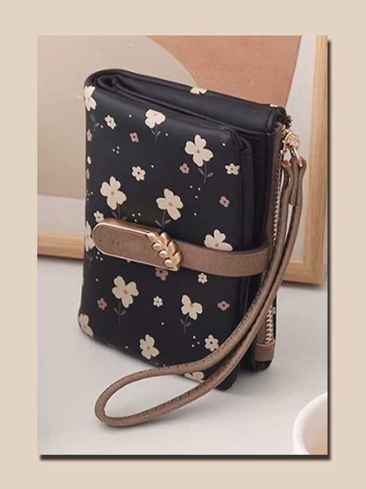 Laura black floral wristlet wallet in vegan leather