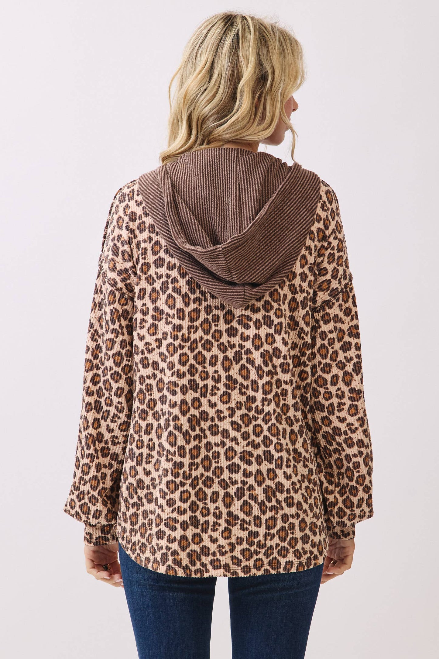 Leopard Print Button Front Drawstring Hooded Sweatshirt: Brown
