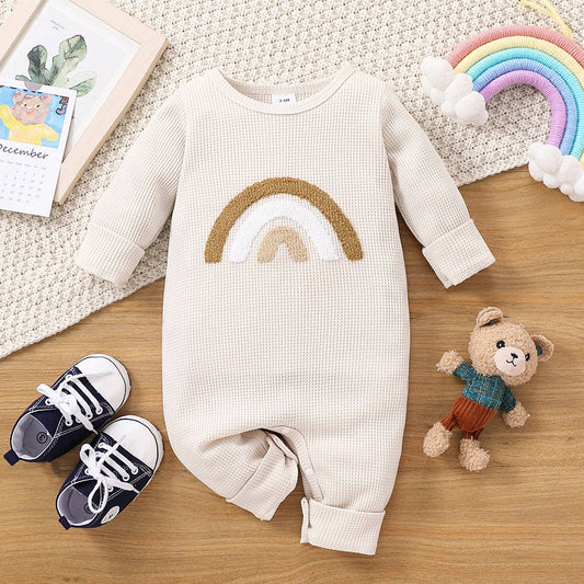 Baby Boy Rainbow Embroidered Long-sleeve Waffle Jumpsuit: Beige / 9-12 Months