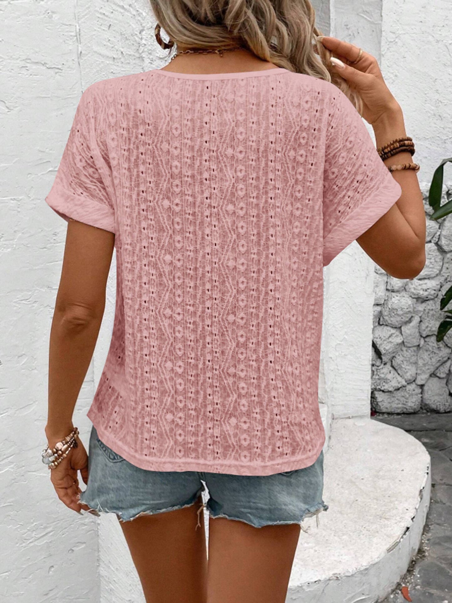 Lace Hollowed Out Round Neck Short Sleeved Top: Pink