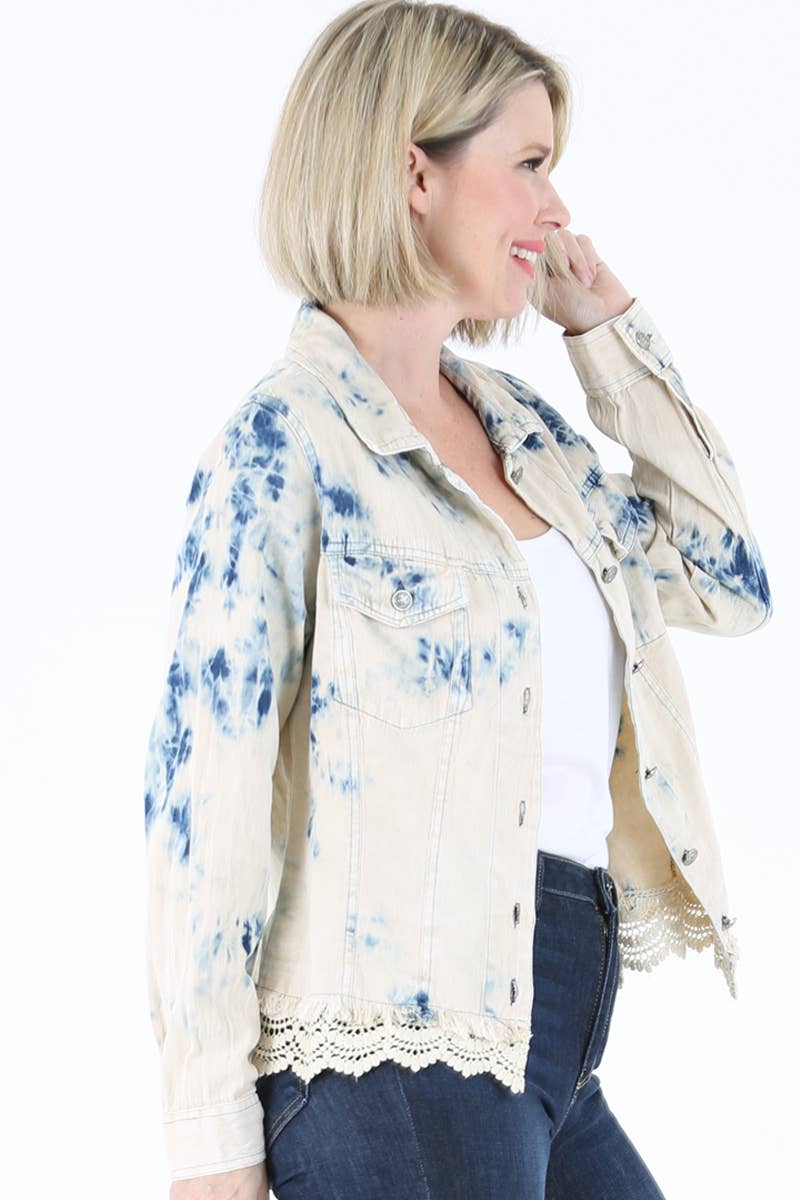 BLEACH TIE DYE WASH DENIM JACKET WITH LACE HEM