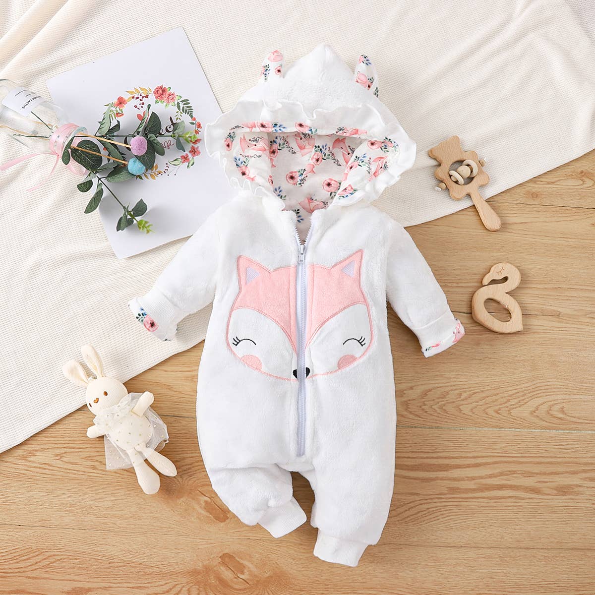 Baby Fox Embroidered 3D Ears Hooded Long-sleeve Jumpsuit: White / 0-3M