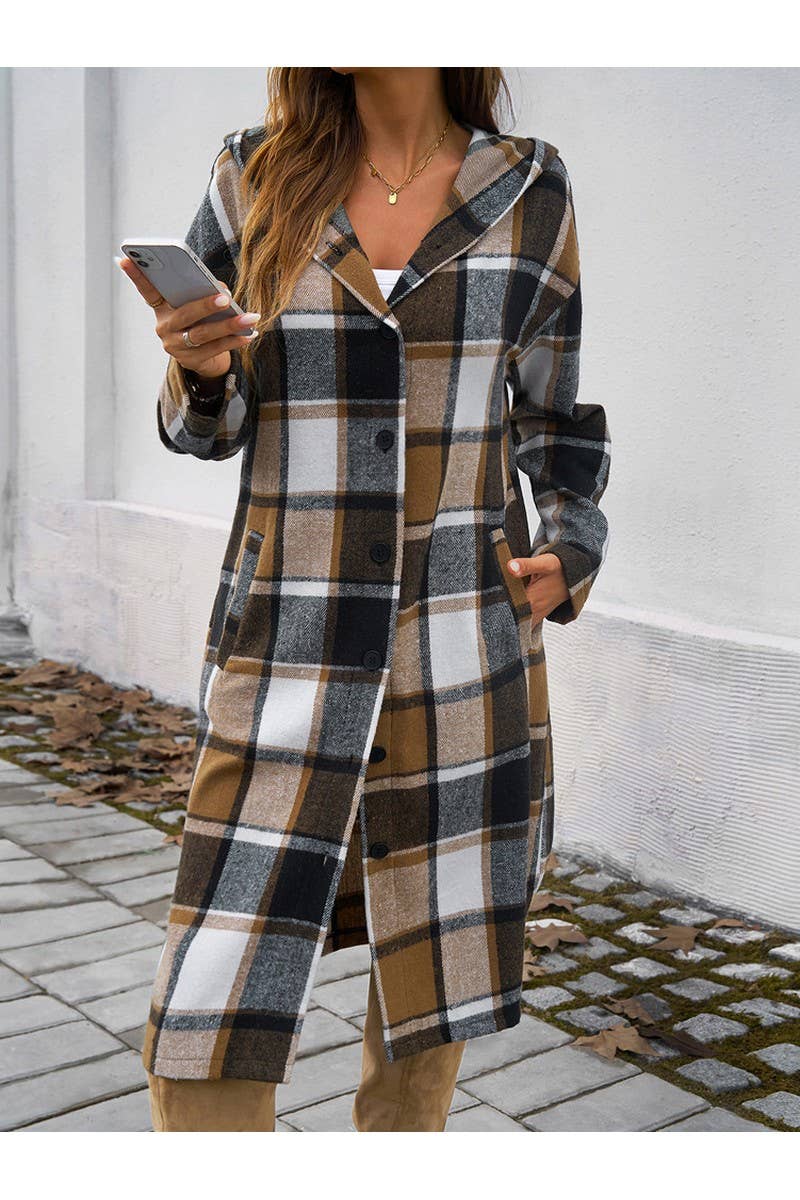 Plaid Button Hooded Long Coat