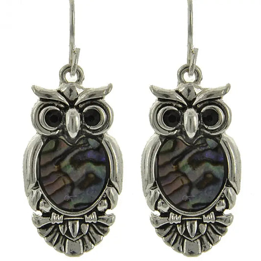 Abalone Owl Bird Hematite Halloween Dangle Earrings