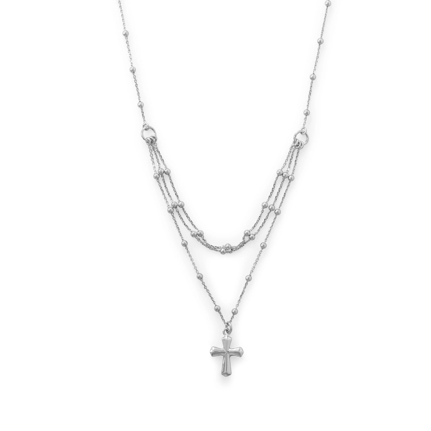 Rhodium Plated Three Row Necklace with Cross