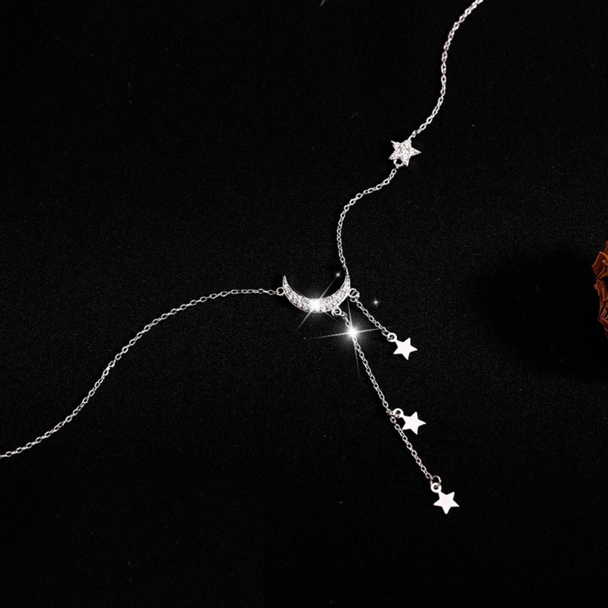 Moon Star Layered Tassel Necklace in 925 Sterling Silver