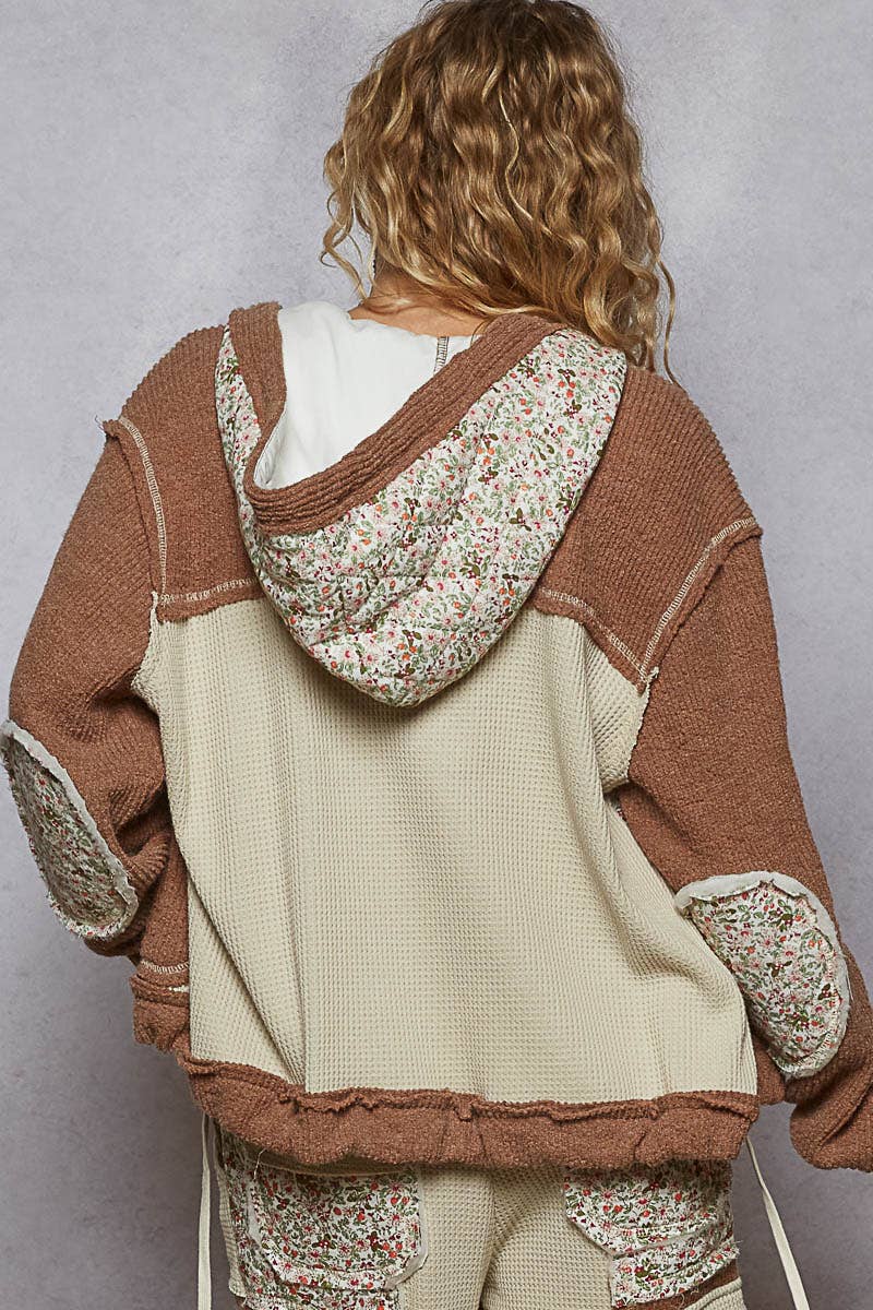 Balloon sleeve quilted detail floral knit hoodie jacket: OAT CHOCO