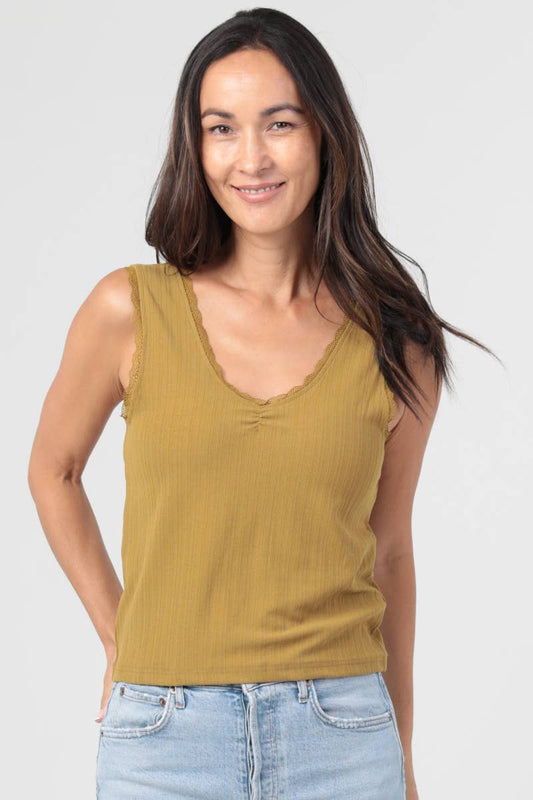 RIB KNIT CINCH BUST LACE TRIM TANK TOP: INCA GOLD