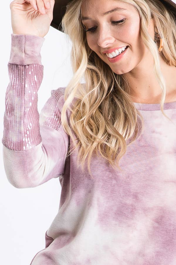 Tie Dye Sequin Contrast Top  Purple
