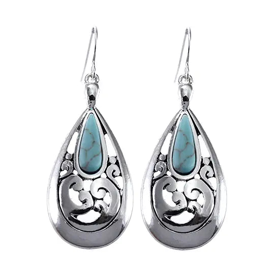 Filigree Turquoise Stone Teardrop Metal Earrings