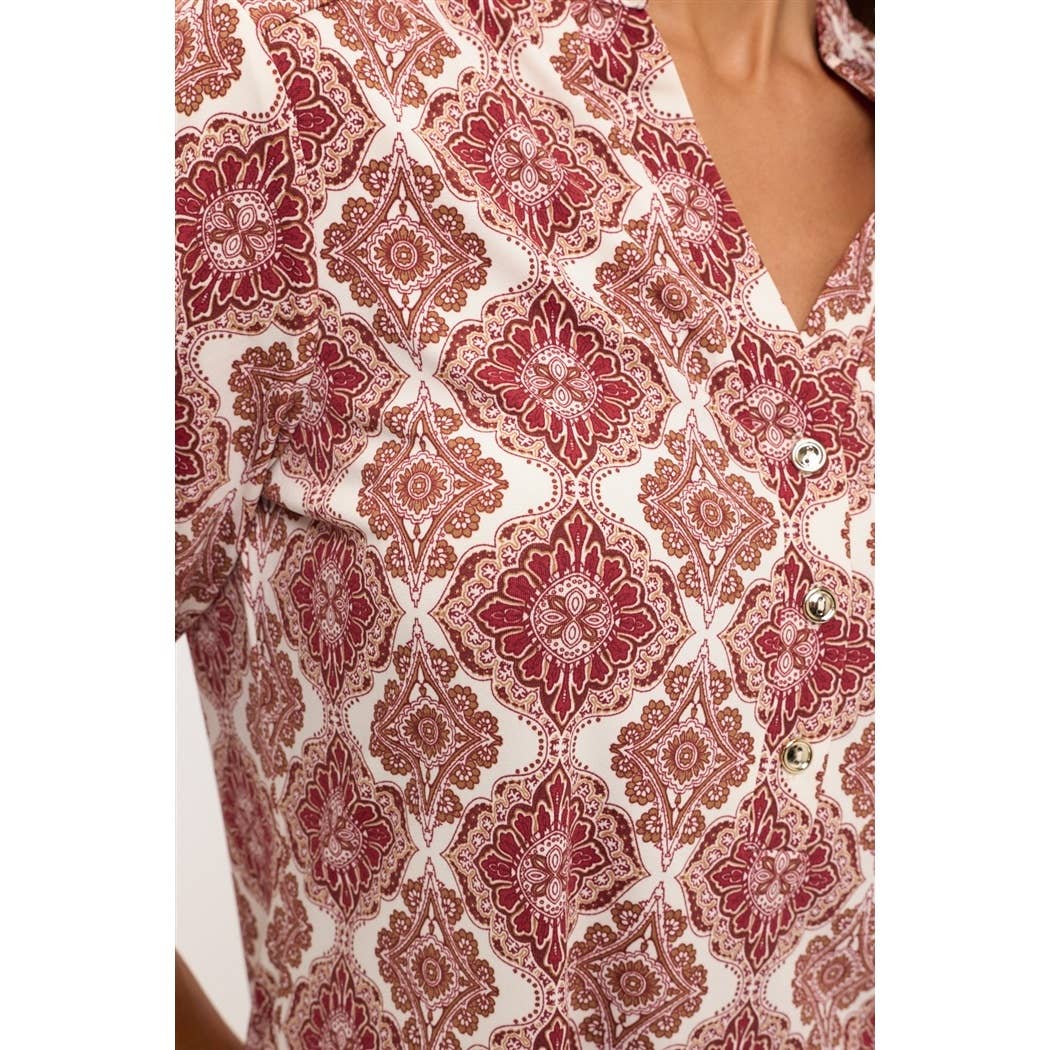 FLORAL MANDARIN HALF PLACKET ROLL TAB SHIRT: IVORY/BURGUNDY/TAUPE