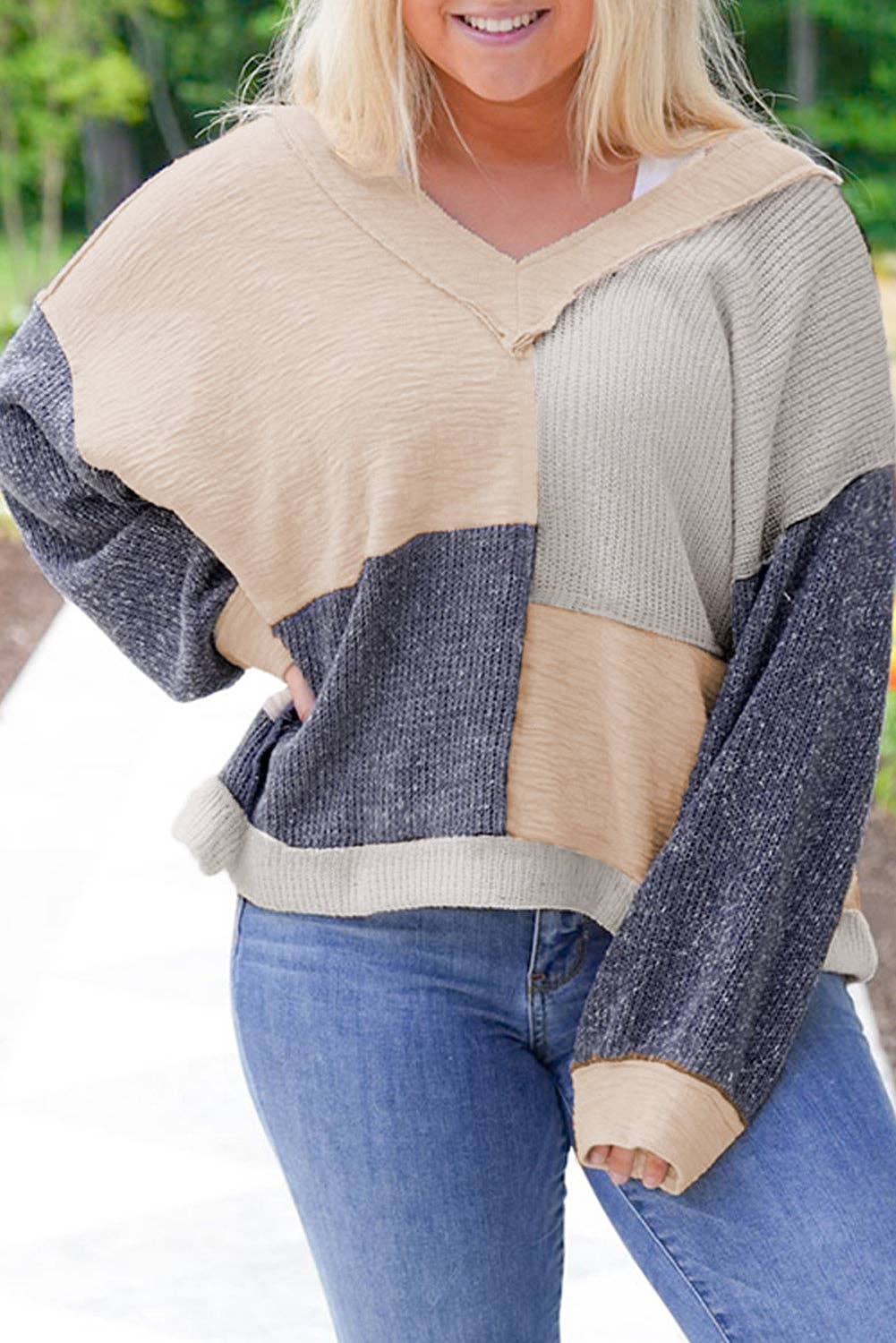 Plus Size Textured Patchwork Reverse Seam Top: Ashleigh Blue