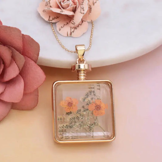 Faux Bottle Pink Dried Flower Gold Necklace