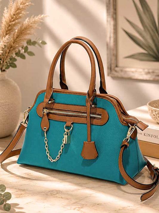 Teal Loren structured satchel with cognac trim and a lock-and-chain accent, front view