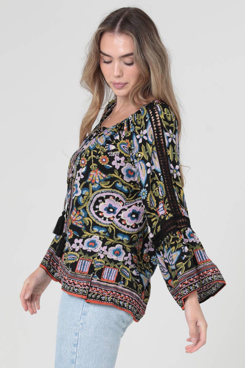 Lace Trim Bell Sleeve Printed Blouse