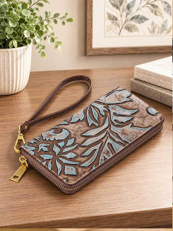 Odessa Wallet - Genuine Tooled Embossed Leather : Turquoise