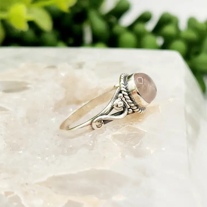Rose Quartz 8mm Gemstone Ring - Sterling Silver/925 sz 6