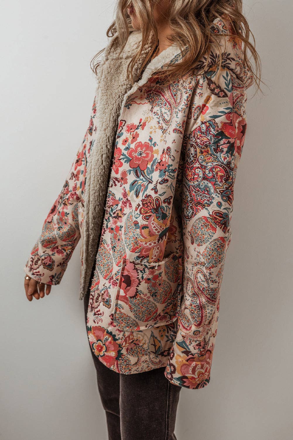 Floral Sherpa Lined Hooded Jacket: Beige