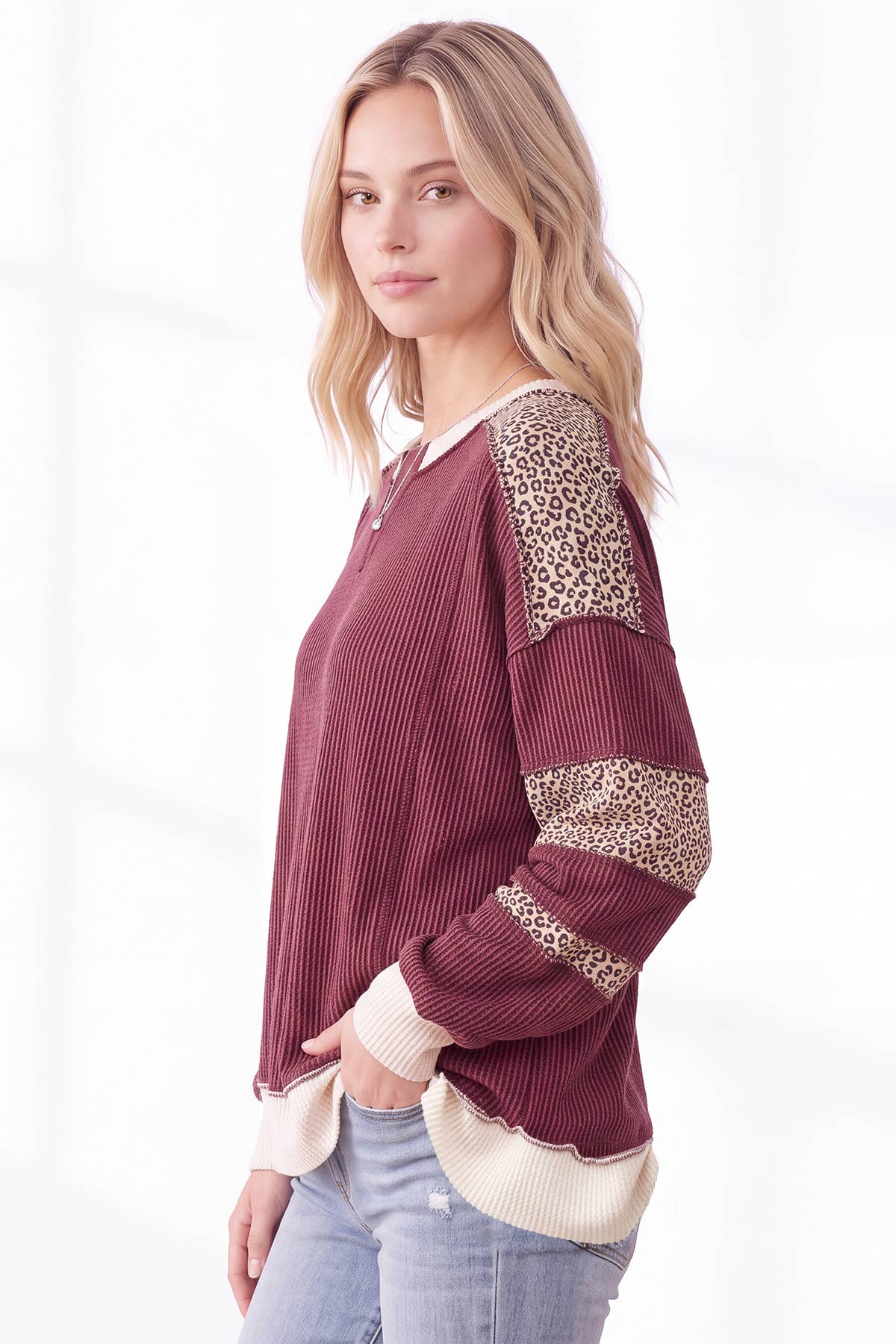Leopard Print Contrast ribbed Sweatshirt : Burgundy